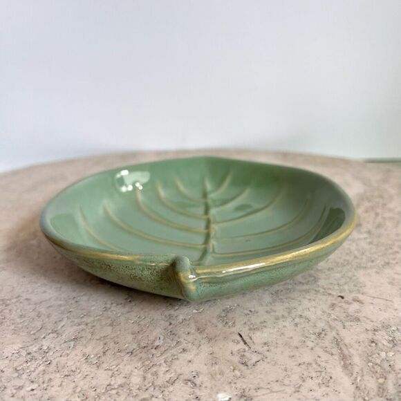 Vintage Leaf Pottery Plate Trinket Dish Sage Green Home Decor Embossed Veins - Picture 4 of 11